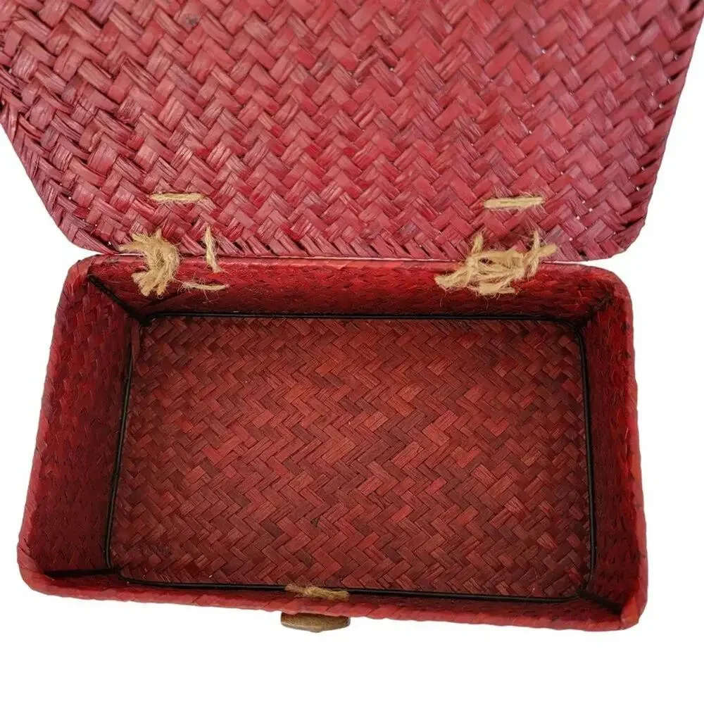 Vintage Wicker Storage Box with Lid Red Woven Keepsake Memory Box Home Decor